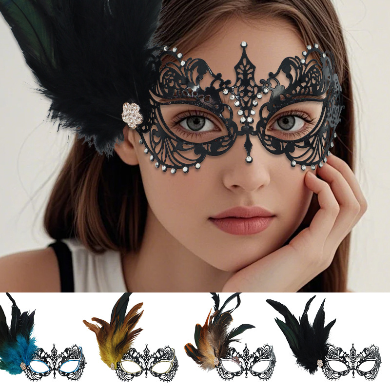 Kids Face Mask - Demi-masque d'halloween avec strass scintillants, plumes